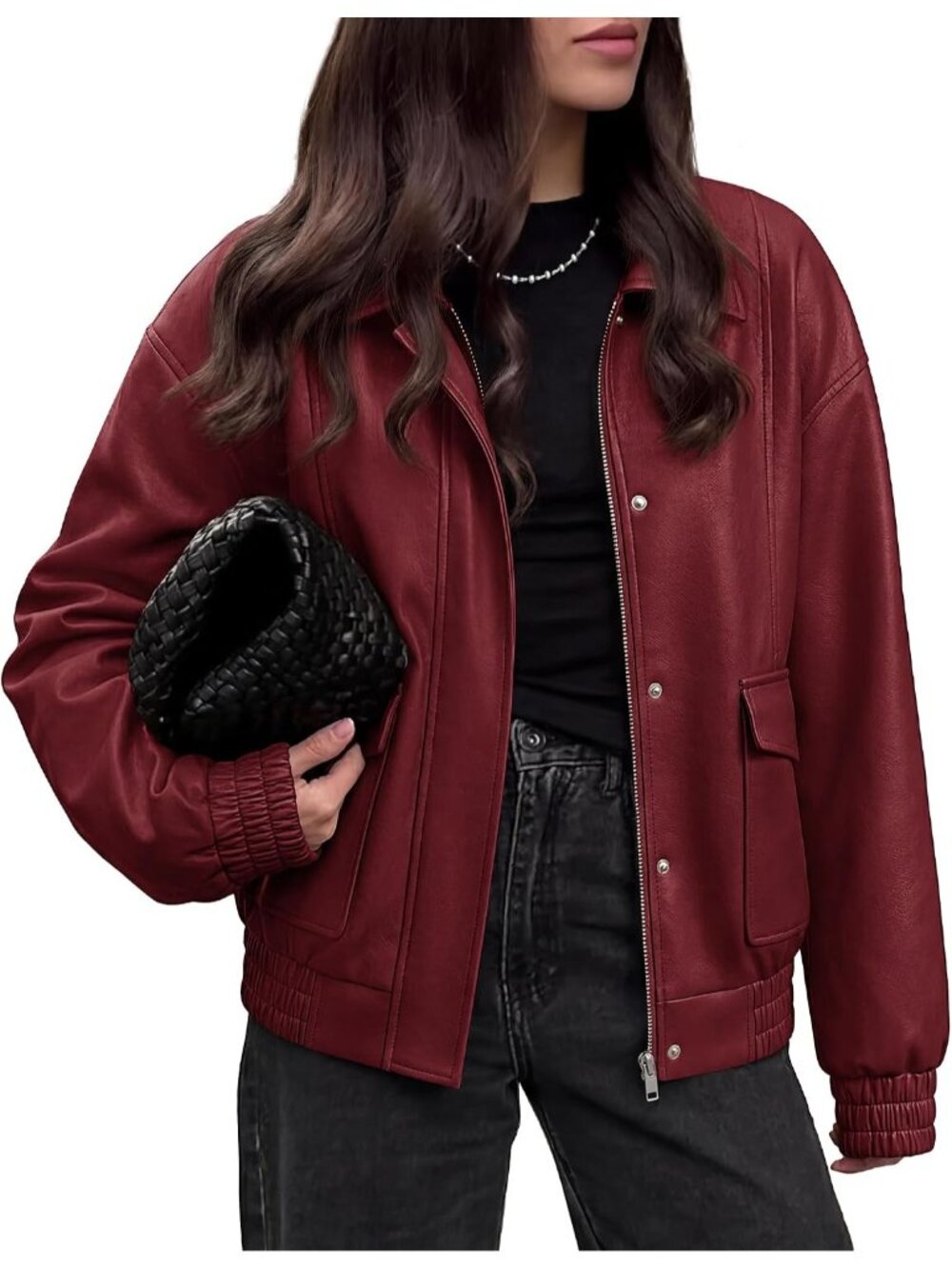 Women's Burgundy Faux Leather Fall Clothes Long Sleeve Jacket Snap and Zipper